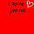 Red background with black text 'i love jenna' and a white pixelated heart symbol on the left side.