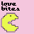Pixel art featuring yellow Pac-Man and purple ghosts with 'love bites' text in black and pink on a light pink background.