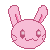 Pixelated pink bunny head with two expressions: smiling on left, angry on right; both have large eyes and ears against gray background.