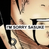 A close-up of a cartoon character's torso with visible tattoos, overlaid with a white text box reading "I'M SORRY SASUKE" in black capital letters.