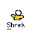 Pixelated character with white face and green antennae in yellow shirt, transitioning through multiple poses while text below reads 'Shrek' on gray background.