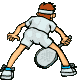Pixelated character in white tennis attire holding a racket, shown from back with bent knees and arms extended