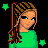 Pixel art contact sheet showing multiple frames of a green-clad female character with braided hair, silver pants, and star decorations on black background.