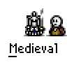 Pixel art animation of two medieval figures: a knight in armor and a robed figure, with red particle effects and speech bubbles reading "EXCUSE ME" and "SIR KNIGHT".