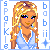 Pixel art contact sheet showing two frames of an animated buddy icon featuring a blonde cartoon woman in a light blue dress with white accents, surrounded by text and star motifs.
