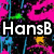 Pixelated image with vibrant pink, blue, green, and yellow splatter background; bold white text reads "HansB Is The Best!!!" in two segments.