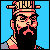Pixel art icon of a character with long black hair, red facial features, and a pink-and-beige headpiece against a solid blue background.