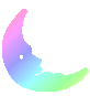 A crescent moon shape with a gradient fill transitioning through pink, purple, blue, green, and yellow hues, featuring a small circular hole near the top curve.
