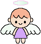 Pixel art angel icon with two animation frames showing different wing and hand positions, light pink halo, purple dress, peach hair, gray background.
