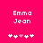 Pixelated text 'Emma Jean' on bright pink background with five heart symbols below, two versions showing different heart color sequences.