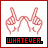 Two pixelated red hand icons with thumbs up gesture, each connected by a curved line to the other's index finger, positioned above black text reading 'WHATEVER.' on white background.