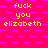 A static image with a bright pink background and repeating purple square pattern, displaying yellow text 'fuck you elizabeth' in multiple