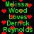 Green text reading "Melissa Wood Loves Derrick Reynolds" surrounded by red pixelated hearts on a black background.