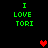Green text 'I LOVE TORI' on black background with red pixel hearts appearing and disappearing in different positions.