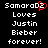 Pixelated text on black background reads "SamaraD2 Loves Justin Bieber forever!" with red heart symbol over "D2".