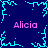 Pixelated blue background with cyan branching patterns and four pink 'Alicia' text instances arranged in a