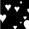 Black background with scattered white pixelated hearts and the word LOVE in white pixelated text.