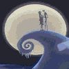 Animated sequence of two figures dancing on a hill under a large moon, transitioning from warm yellow tones to cool blue hues.