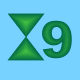Two side-by-side hourglass icons with 'X9' text, one green and one red on light blue background.