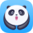 Pixelated panda face with black ears, eyes, and body outline on light blue background, mouth open showing pink tongue.