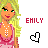 Pixelated character with blonde hair and green eyes, wearing a pink dress with white dots, standing beside red text 'EMILY' and heart symbols.