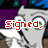 Pixelated cartoon squirrel with green eyes and gray fur, wearing a blue and purple patterned garment, displaying text in red pixelated font across four