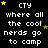Black background with white pixelated text reading 'CTY where all the cool nerds go to camp' repeated in a , yellow and brown stars scattered throughout