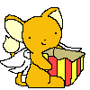 Animated sequence of a yellow cartoon mouse with white wings holding a striped gift box, showing sequential hand and mouth movements.