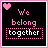 A 5x5 contact sheet of animated AIM buddy icons showing a sequence where pink and white hearts alternate in the top-left corner across frames, with static text "we belong together" displayed below a dotted line on black backgrounds.