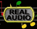 Animated sequence of 'REAL AUDIO' labels on musical staff with changing note positions and colors.