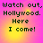Pixelated text on a gradient background with four identical showing 'Watch out, Hollywood. Here I come!' in dark green