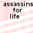 Pixelated text 'assassins for life' on a pink and white striped background with small white dots.