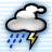 Pixelated cloud icon with black outline, gray body, white top section, blue raindrops falling left, yellow lightning bolt on right against light blue striped background.