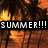 Pixelated summer-themed animation with palm trees and fire, displaying text overlays.