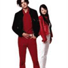 Animated sequence of two people in red and black clothing posing together across with varying backgrounds