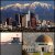 Pixelated cityscape with skyscrapers under a cloudy sky, divided into four quadrants showing different angles of urban architecture and water reflections.