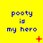 Yellow background with blue text 'pooty is my hero' repeated in a , each containing red symbols like +, *, and X