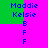 Pixelated text displays 'Maddie' and 'Kelsie' above 'B' and 'F' on a bright pink background with green sections.