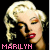 Pixelated image of a woman with blonde hair styled in curls, red lips, and orange eyeshadow; text "MARILYN" appears below her face.