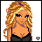 Animated contact sheet of a pixel-art female character with blonde hair, black top, and ripped jeans across multiple frames showing body parts and text elements.