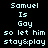 Pixelated text displays 'Samuel Is Gay so let him stay&play' in light blue on black background with alternating empty and filled horizontal bars.