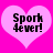 Two identical pink heart-shaped icons with black text reading "Spork 4ever!" on a bright pink background.