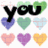 Pixelated text and heart shapes in various colors arranged across a white background with some gray space.