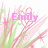 Pixelated image with pink text 'Emily' over a background of pink and green floral or abstract shapes on white.
