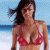 A pixelated beach scene with a woman in a red bikini on the left and green text reading "Original Icons .com" on the right, displayed as a contact sheet of two frames.