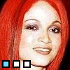 Red-haired person with makeup and three square icons below, one blue and two white in different positions across frames.