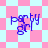 Pixelated 'party girl' text in blue on a pink and light blue checkered background with diamond-shaped patterns.