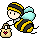 Pixel art contact sheet showing two frames of a bee-themed animated buddy icon with character holding a basket, displayed on gray background.