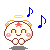 A 4-frame pixel art animation of a round cartoon character with angel wings, pink cheeks, and musical notes in various poses.