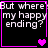 Black background with white pixelated text reading "But where's my happy ending?" and four purple heart symbols in a